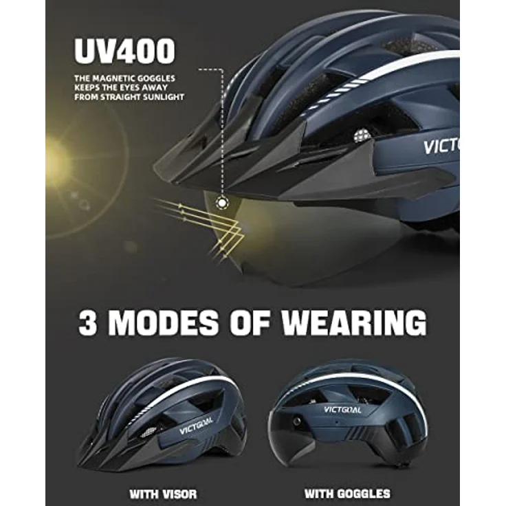 Victgoal VICTGOAL Fahrradhelm MTB mit Abnehmbarer Magnetischer Schutzbrille, Atmungsaktiv und 21 Belüftungskanälen, Einstellbare Größe M (54-58cm), Marine – Bild 2