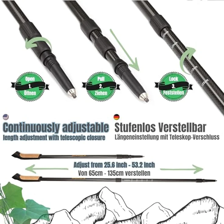 Muawo Premium Nordic Walking Stöcke, ultraleichte 190g, verstellbar 64-135cm Teleskopstange, 100% Carbon mit Anti-Schock-Feder, inkl. 3 Aufsätzen und 2 Gummitellern – Bild 4