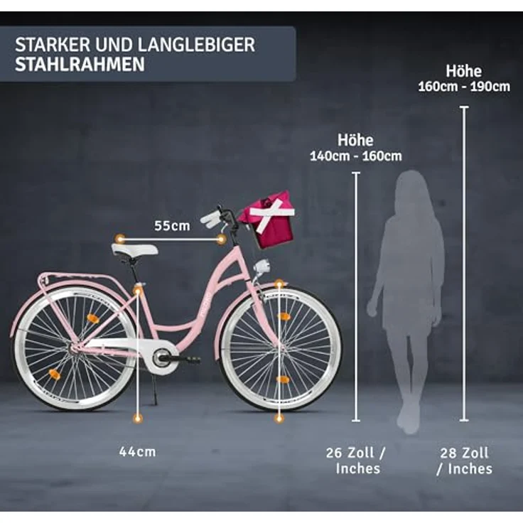 Milordbikes City-Fahrrad, Pink, 46 cm, Aluminiumfelgen, integrierter Träger für Packtaschen – Bild 3