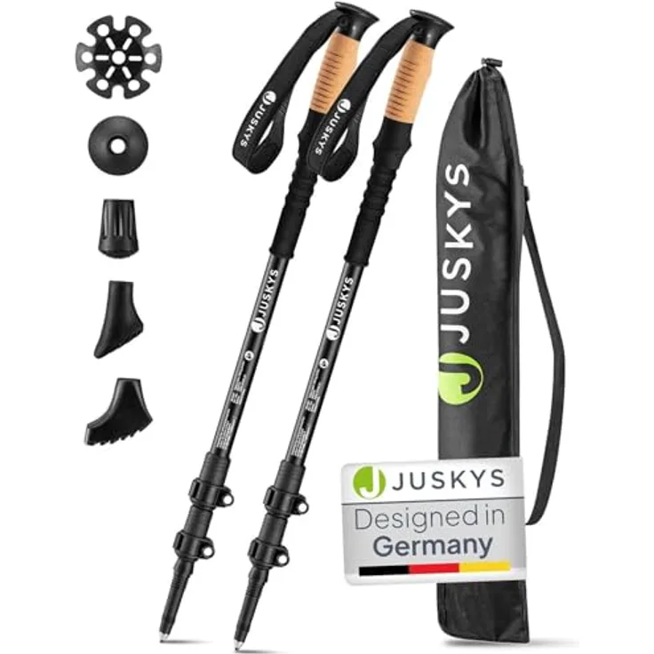 Juskys Nordic Walking Stöcke - 2 Alu Teleskop Wanderstöcke, leicht & ausziehbar, Damen & Herren, mit Gummipuffer & Tasche, Kork Griff - Schwarz
