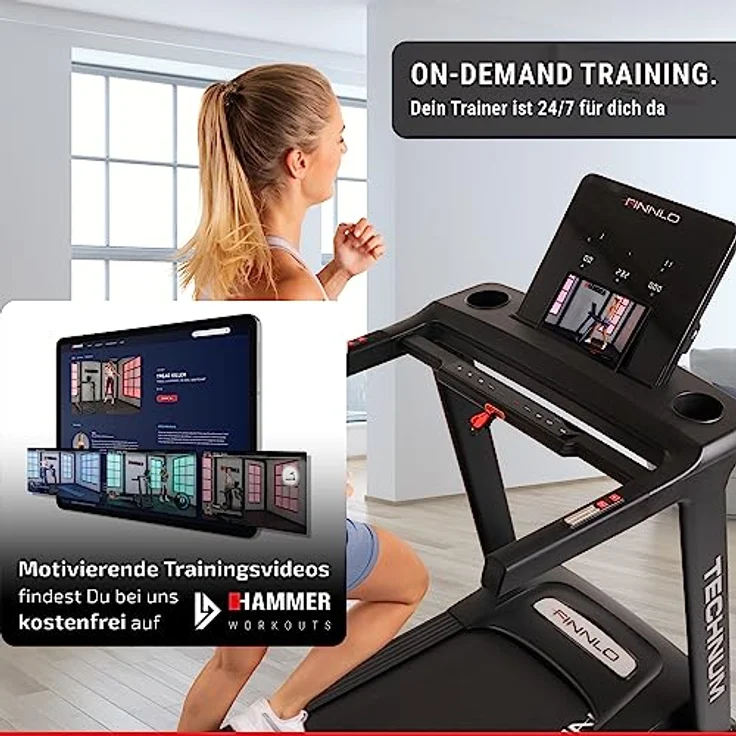 HAMMER Finnlo Laufband Technum, Klappfunktion, LED-Display, 30 Programme, Kinomap, Zwift, 5 PS, 20 km/h, 150 x 51 cm Lauffläche – Bild 2