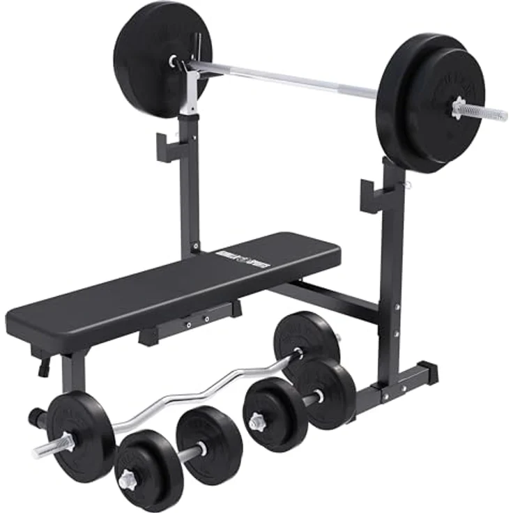 GORILLA SPORTS® Hantelbank mit Ablage, klappbar, 170 cm Langhantel, 35 cm Kurzhantel, 120 cm SZ Stange, 40/70/100 kg Set, bis 300 kg, Schwarz - Trainingsbank für Muskelaufbau und Krafttraining – Bild 1