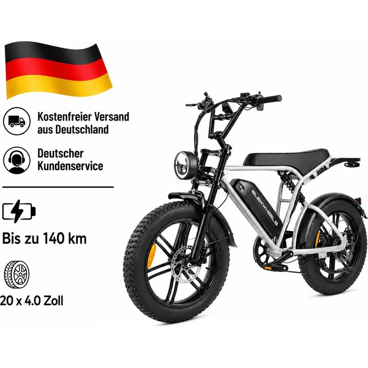 PIXAR E6 3.0 Fat E-Bike, 20 Zoll, 48V 15Ah Akku, bis 140 km Reichweite, Shimano 7-Gang, vollgefederter Rahmen, grau