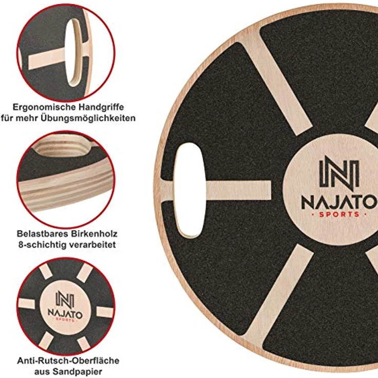 NAJATO Sports Balance Board – Wackelbrett mit rutschfestem gummiertem Standfuß – Gleichgewichtstrainer mit Handgriffen für mehr Übungsmöglichkeiten – Balance Board Holz – Bild 3