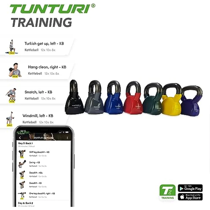Tunturi Kugelhantel 4 kg, Gusseisen mit Vinyl-Überzug, farbige Kettlebell für Ganzkörpertraining – Bild 4