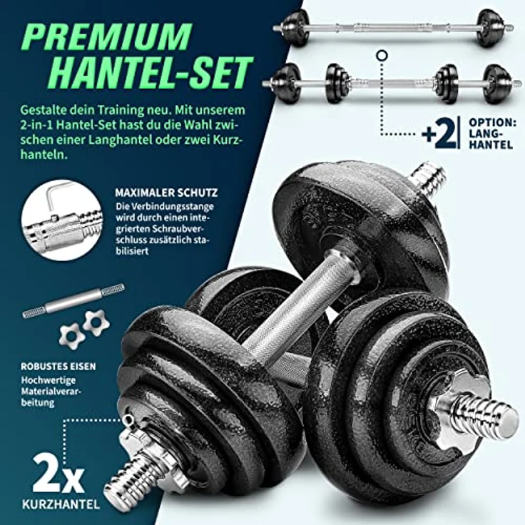 RE:SPORT 2 in 1 Hanteln Set 20 kg | Hantelset Gusseisen verstellbar | Kurzhantel & Langhantel | Sternverschlüsse & Verbindungsrohr – Bild 2