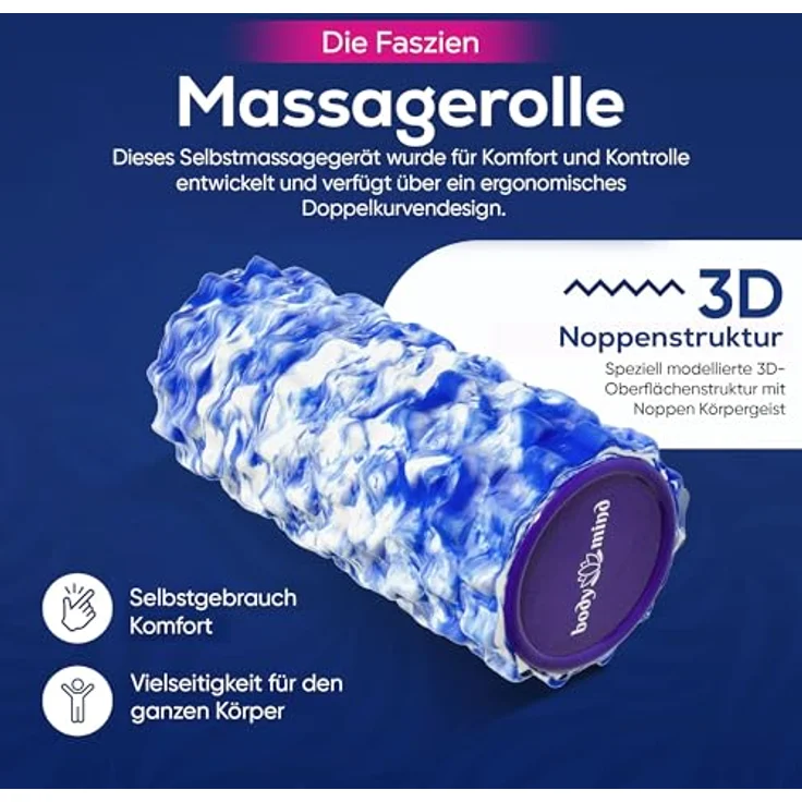 Body & Mind® Faszienrolle, Massage-Rolle zur Muskelregeneration mit 3D Noppenstruktur, 33 x 14,5 cm, Blau-Weiß – Bild 2