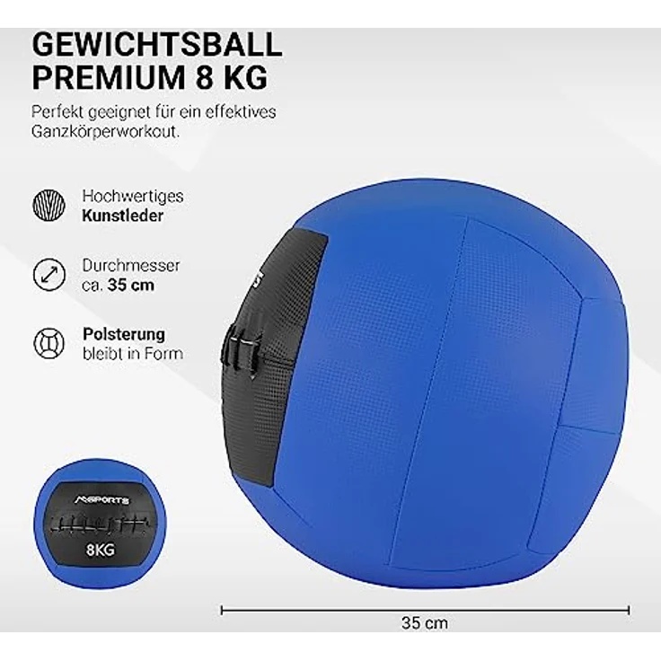MSPORTS Wall-Ball Premium Gewichtsball 2-10 kg Medizinball (8 kg - Blau) – Bild 2