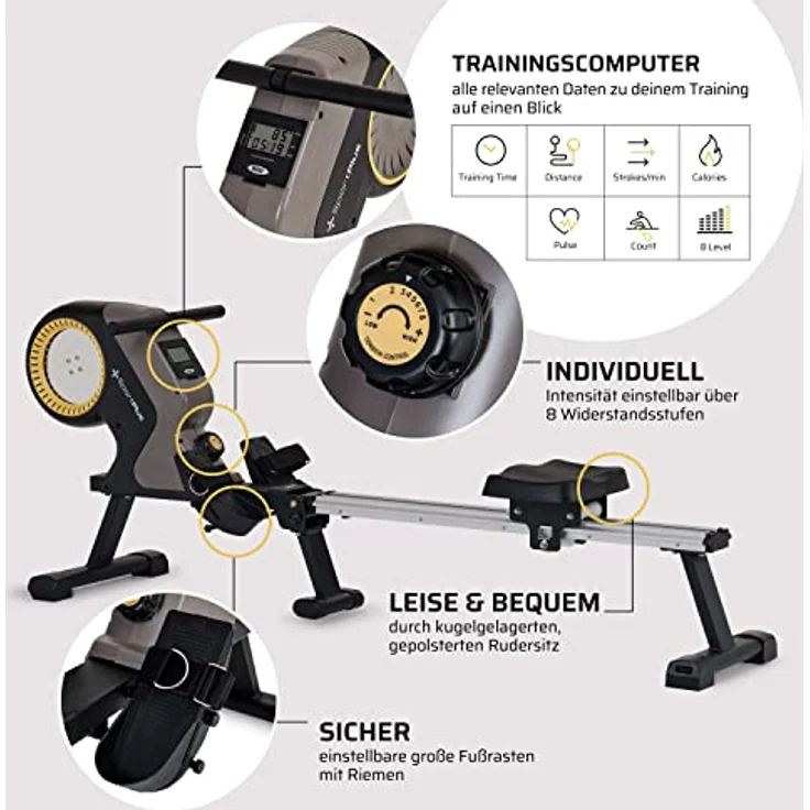 SportPlus Rudergerät für zuhause mit 8 Stufen, leises & wartungsfreies Magnetbremssystem, kompaktes Display, bis 150 kg – Bild 4
