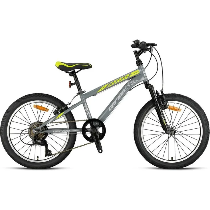 T&Y Trade Kinderfahrrad GRN26040, 20 Zoll MTB Mountainbike mit 7 Gang Microshift, graugelb, Federgabel, höhenverstellbarer Sattel, Seitenständer