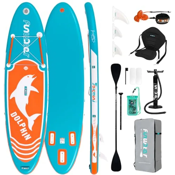 FunWater Stand Up Paddling Board 320 cm & 350 cm – Doppellagiges PVC, aufblasbares SUP für 2 Personen, inklusive Zubehör, DELFIN-BLAU, anfängerfreundlich