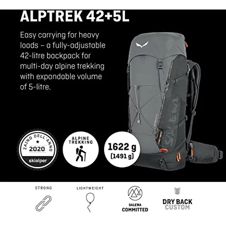 Salewa Alptrek 42+5 L Rucksack, Grau - Verstellbarer Trekkingrucksack mit 42L Fassungsvermögen und erweiterbarem Volumen – Bild 2