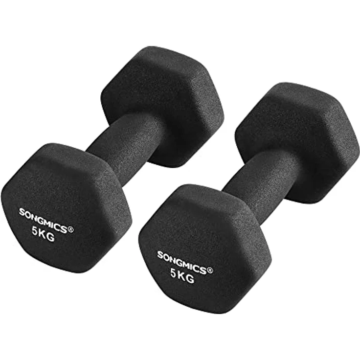 SONGMICS Hanteln, Hantelset 2 x 5 kg, Kurzhanteln mit Hantelständer 2 x 1 kg, 2 x 2 kg, 2 x 3 kg, Schwarz, Limettengrün, Aquamarin und Hellgrau, ideal für Krafttraining zu Hause, im Büro und Fitnessstudio – Bild 2