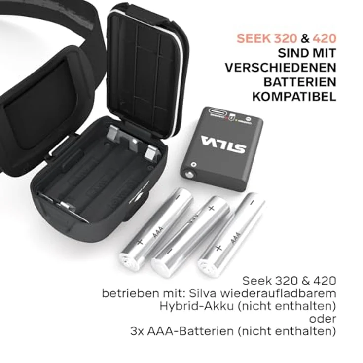 Silva Seek 320, LED Stirnlampe mit 320 Lumen, 3 Helligkeitsstufen, IPX5 wasserdicht, Betrieb mit 3x AAA-Batterien oder wiederaufladbarem Akku, inklusive Batterieanzeige – Bild 4