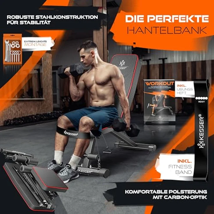 KESSER Klappbare Hantelbank Multifunktionale Trainingsbank mit Rückenlehne, 500kg Belastbarkeit, Carbon-Optik, verstellbar, inkl. Fitnessband für Ganzkörpertraining – Bild 2