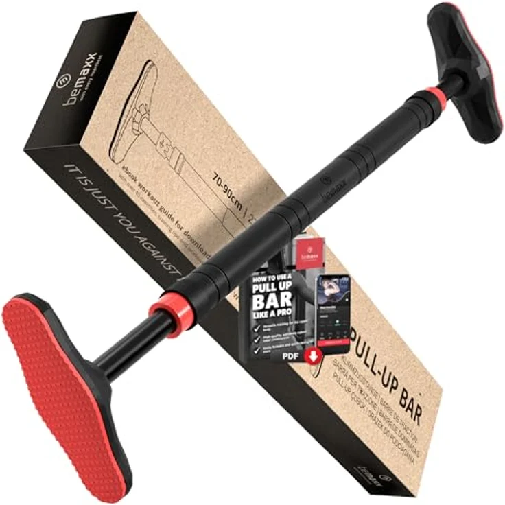 BeMaxx Klimmzugstange für Türrahmen ohne Schrauben/Bohren + Trainings-eBook - Profi Türreck Pull Up Dip Bar, gepolsterte Griffe | Klimmzug Stange zum Einhängen in Tür Zuhause, Fitness Workout Sport – Bild 1