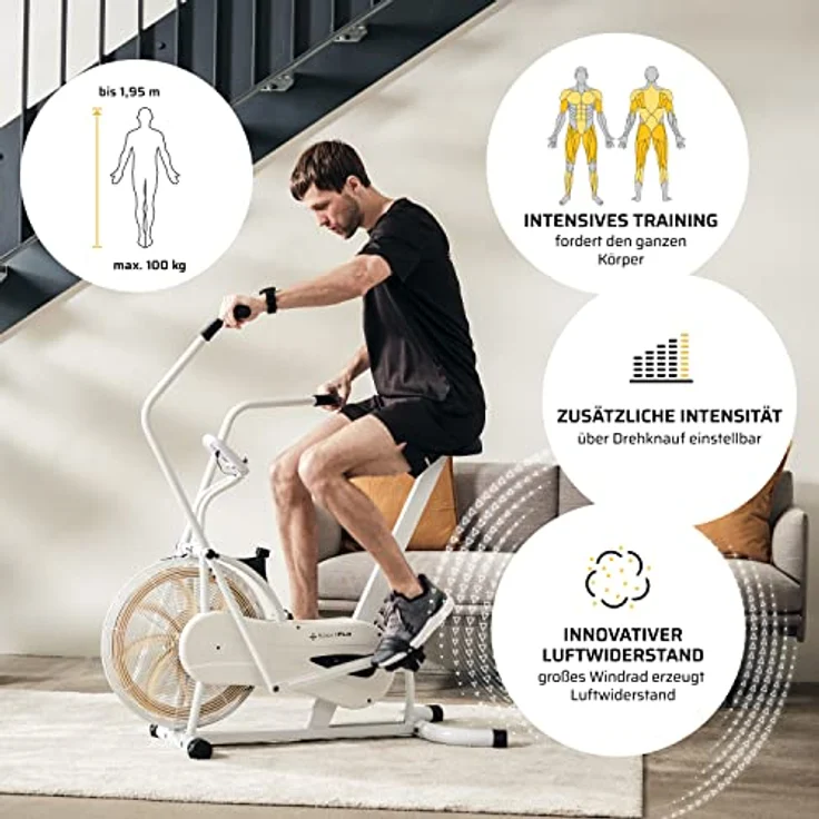 SportPlus Air Bike mit Luftwiderstand für Zuhause, Heimtrainer für HIIT,  Bike, beleuchtetes Display, bis 100 kg belastbar – Bild 3