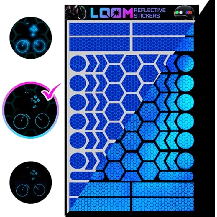 LOOM Fahrrad Reflektoren Aufkleber Set, 67 Stück in Prismatic Blau, German Oralite Qualität, wasserdicht, für Helm, Auto, Anhänger und Schulranzen