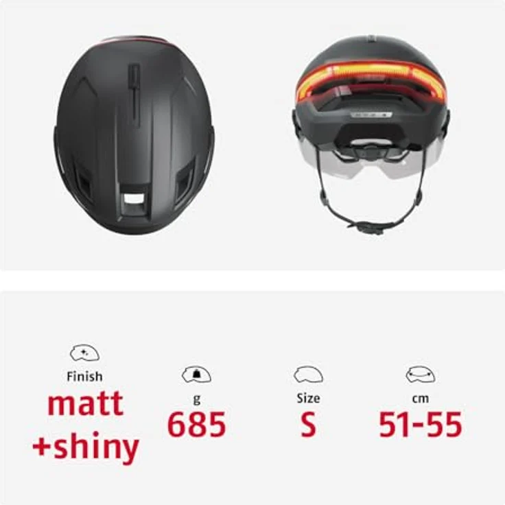 ABUS HYP-E B.LACE Fahrradhelm, Grau, mit Front-, Rück- und Blinklicht, kabellosem Bremslicht, Visier und Ohrenschützern, Größe S (51-55 cm) für Fahrrad, E-Bike und S-Pedelec – Bild 5