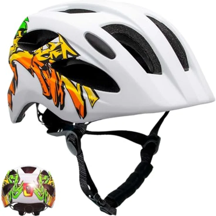 Crazy Safety Cool Kinder Fahrradhelm, verstellbar 54-58 cm, mit USB-aufladbarem Rücklicht und 15 Lüftungslöchern, für Kinder 6-12 Jahre, Weiß/Gelb – Bild 1