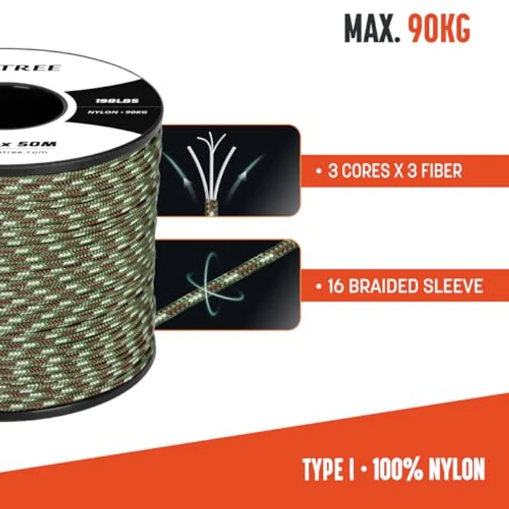 BROTREE Paracord 2mm 50M, 100% Nylon Seil mit 3 Kern Schnur, Bruchlast 90kg, Armee Grün Tarnung für Outdoor, Armband, Hundeleine – Bild 2