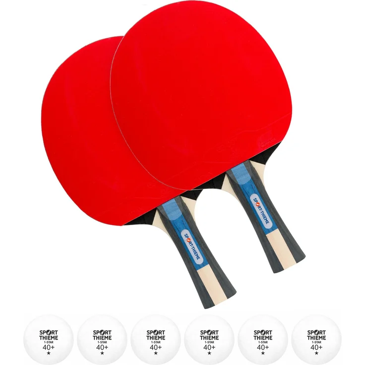 Sport-Thieme Tischtennisschläger Champion, 2er Set mit konkavem Griff und 1,8 mm Schwamm, inkl. 6 Trainingsbällen (40 mm)