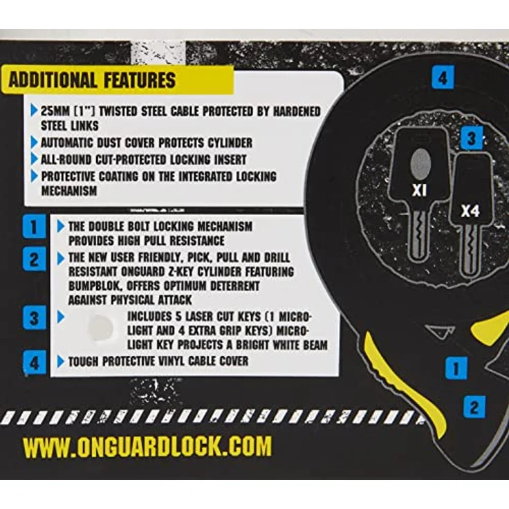 Onguard Rottweiler 8024, Kabelschloss mit X2P Doppelbolzenmechanismus, 120 cm Länge, 25 mm Durchmesser, Grundsicherheit – Bild 7