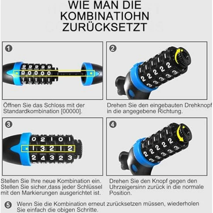 REHKITTZ Fahrradschloss 120 cm Kabelschloss, 12 mm dick, 5-stelliges Zahlenschloss, Sicherheitsstufe Sehr Hoch, mit Halterung für Fahrräder, Trikes und Roller – Bild 5