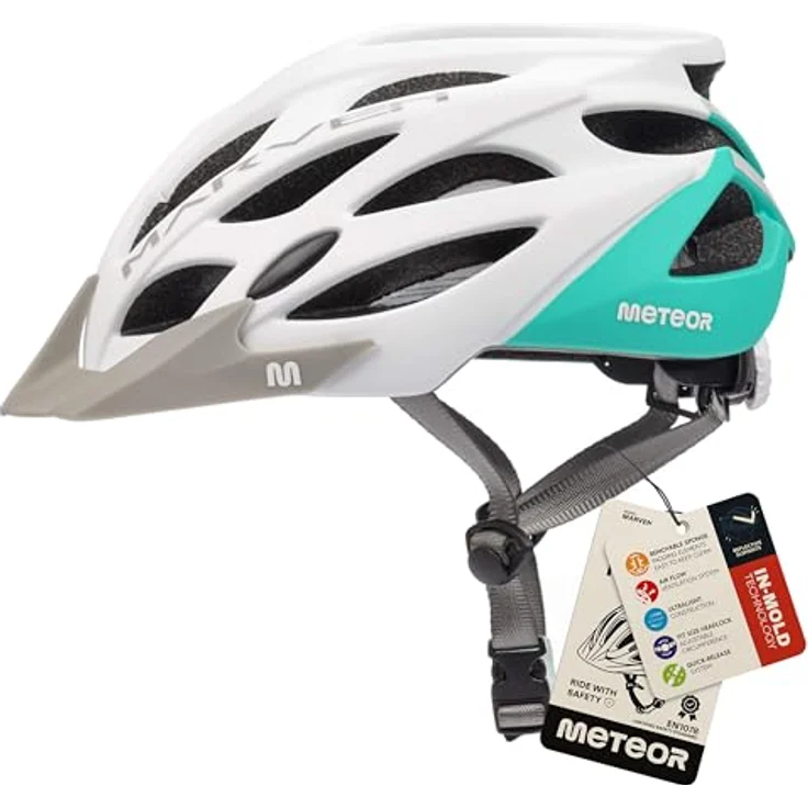 Meteor Unisex Fahrradhelm, Mountainbike Inliner Skaterhelm, Gr.-L (58-61cm), Weiß-Mint, mit Luftdurchlass- und Fliegennetz-System – Bild 1