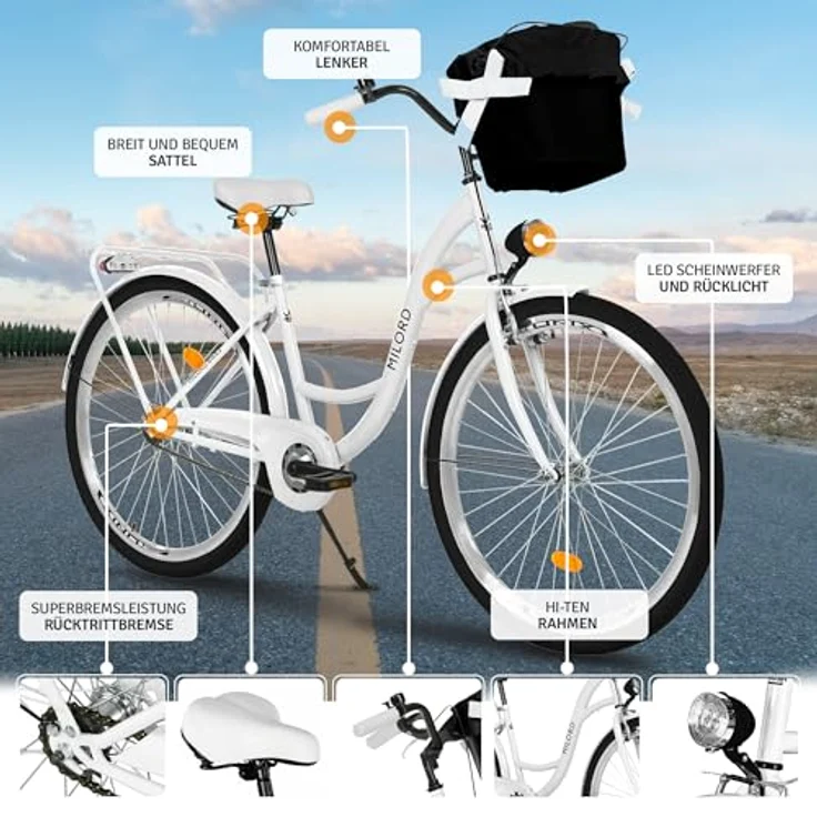 Milordbikes City-Fahrrad, Weiß, Metall, 46 cm, Aluminiumfelgen, leichte City-Reifen 700C x 35 mm, vormontiert mit Pedalen und Werkzeugen – Bild 2