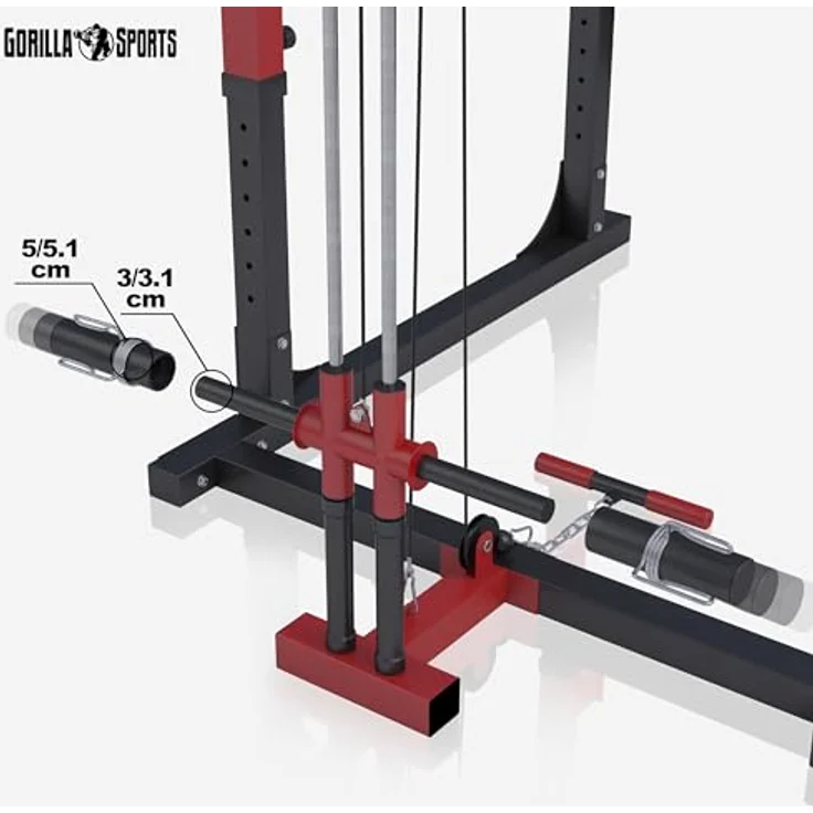 GORILLA SPORTS® Power Rack 154,5 x 164 x 214,5 cm, multifunktionale Kraftstation mit Klimmzugstange, Kabelzug und verstellbaren Hantelablagen, Stahl in Schwarz/Rot – Bild 5