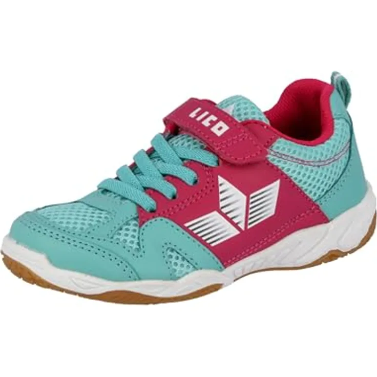 Lico Kinder-Sportschuh Hallenschuh, Türkis-Pink-Weiß, Größe 27, obermaterial aus Synthetik, Klettverschluss, profilierte Gummisohle