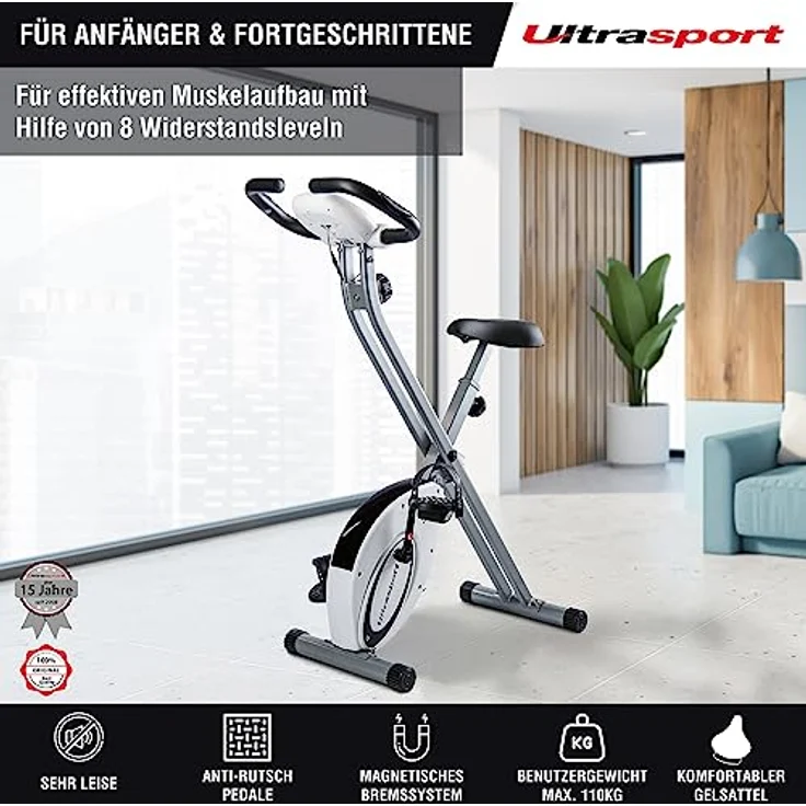 Ultrasport F-Bike, F-Rider Basics, Fahrradtrainer, Fitnessfahrrad LCD Trainingscomputer, Klappbarer Hometrainer, Max. Benutzergwicht 110 kg, Pulsmessung, 8 Widerstandsstufen, Trimmrad, Weiß/Silber – Bild 4