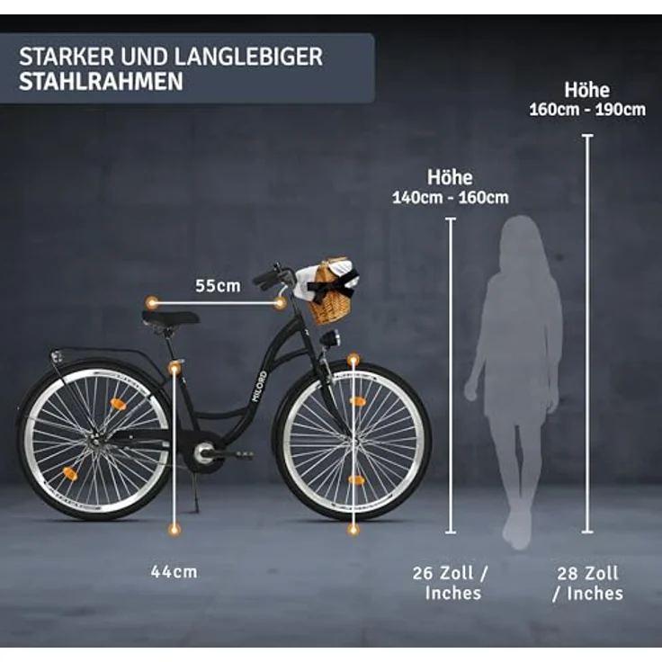 Milordbikes City-Fahrrad, Schwarz, 46 cm, Metallrahmen, 700C Reifen, vormontiert mit Träger und Zubehör – Bild 3