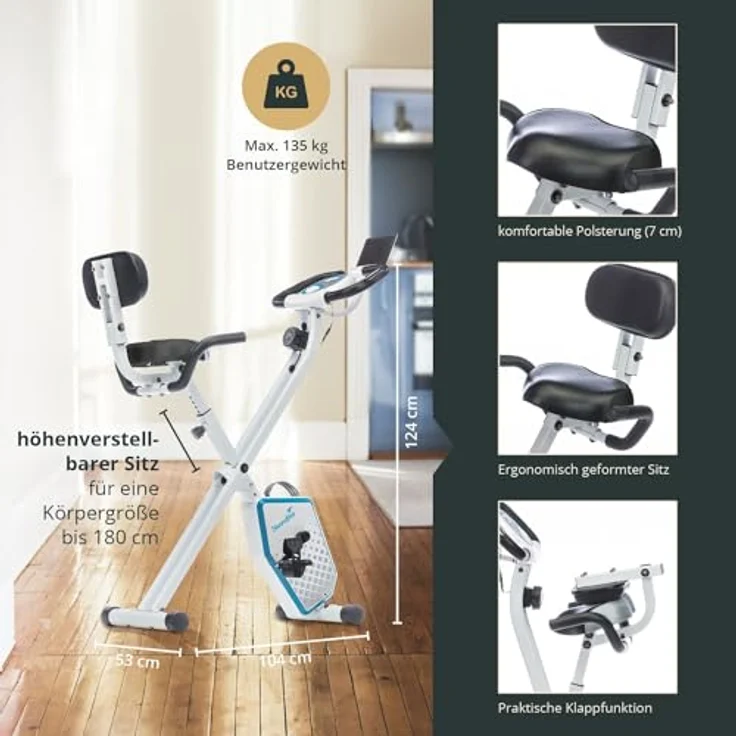 skandika Foldaway X-1000 PLUS Fitnessbike Heimtrainer X-Bike mit Handpuls-Sensoren, Bluetooth Computer, Tablet-Halterung, Rückenlehne (weiß/blau) – Bild 5