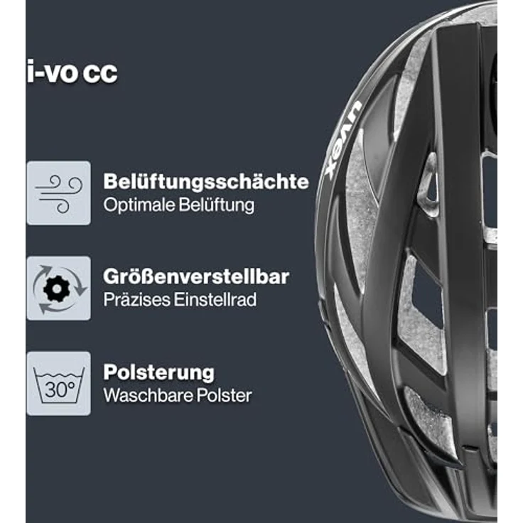 Uvex i-vo cc, Fahrradhelm für City und MTB, Schwarz-Matt, 56 cm mit integrierter Sonnenblende und 24 Belüftungsöffnungen – Bild 2