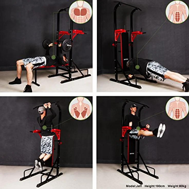 CCLIFE Power Tower Dip Station, Multifunktions-Krafttrainingsgerät mit verstellbarer Ablage, schwarz/rot – Bild 3