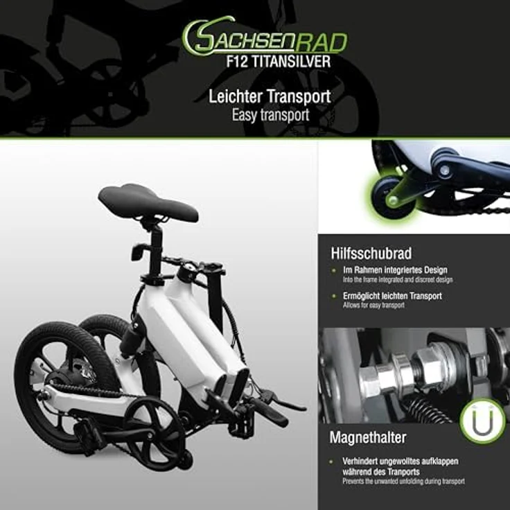 SachsenRAD E-Folding Race Bike F12, IF Design Gewinner, magnesiumleichter Rahmen 19 kg, Elektrofahrrad mit 2-stufiger Teleskopsattelstütze, klappbar, StVZO-zugelassen, weiß – Bild 5