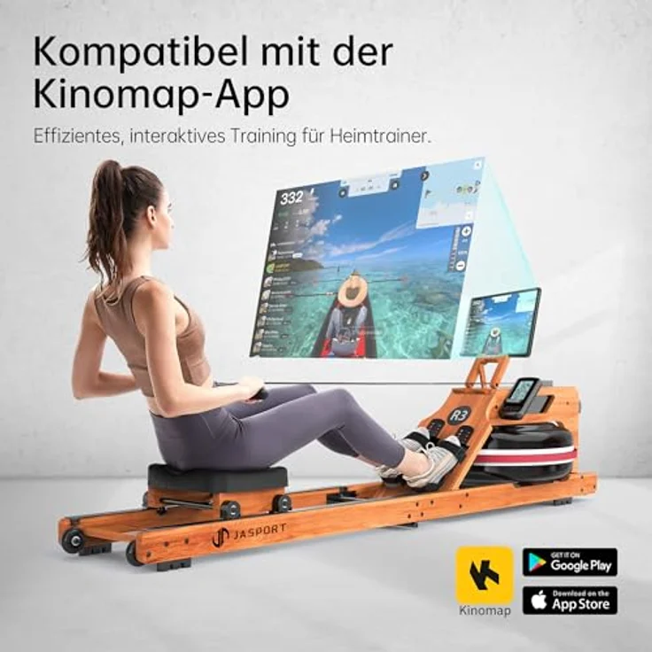JASPORT R3 Faltbares Rudergerät aus Eichenholz, mit Bluetooth-fähigem LCD-Display, 28L Wassertank, belastbar bis 150 kg, ergonomischer Sitz, verstellbarer Tablethalter, kompatibel mit Kinomap – Bild 4