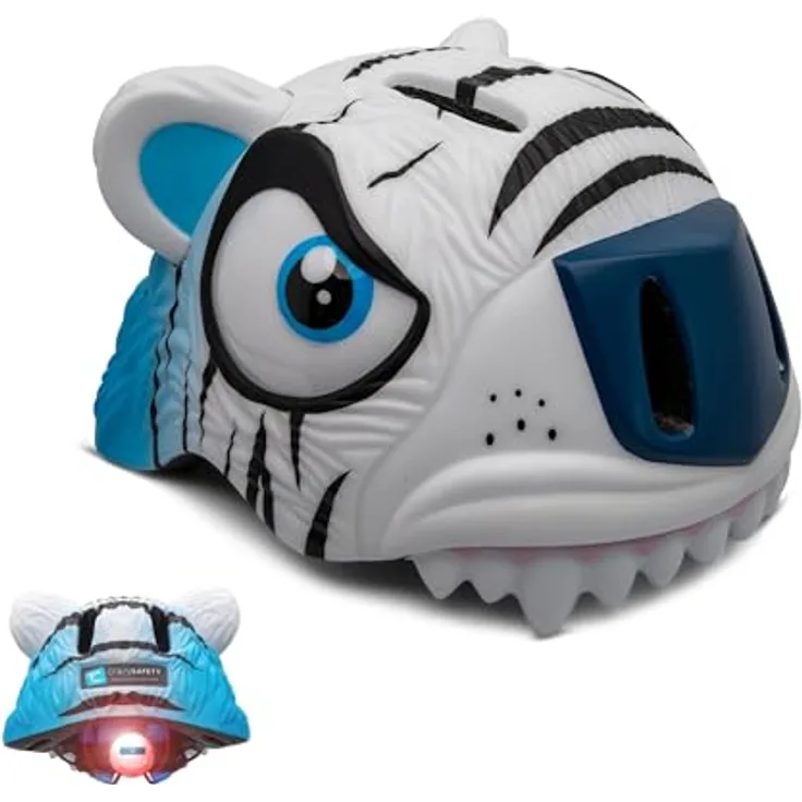 Crazy Safety Kinder Fahrradhelm Tiger Weiß, 3D Tierhelm für 2-7 Jahre, verstellbar, leicht, ideal für Fahrrad, Skateboard und Radsport, mit LED-Rücklicht und Belüftungsöffnungen, 49-55 cm