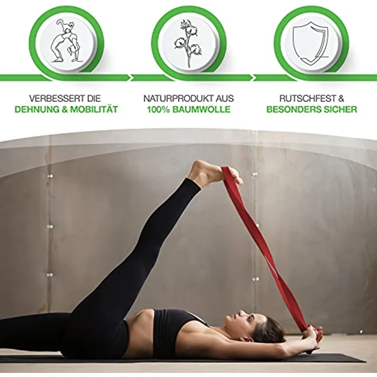 BACKLAxx® Yoga Gurt Baumwolle (rot) – Nachhaltiges Yoga Zubehör Set, Yogagurt 250 cm lang mit praktischem Verschluss aus Metall – Yoga Set ideal für Yoga, Pilates und Dehnen inkl. Anwendungsvideos – Bild 2