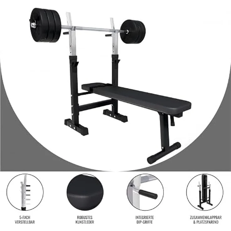 GORILLA SPORTS Hantelbank mit Ablage, Dip-Station, inkl. Hantelset 100kg, Klappbar, Schwarz/Weiß, für effizientes Krafttraining – Bild 17