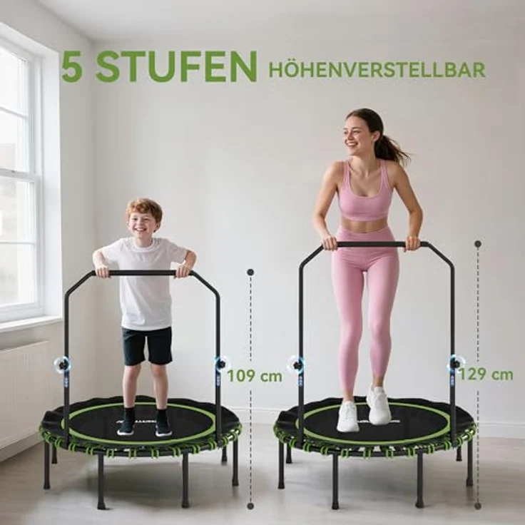 SPORTNOW Fitness Trampolin Ø114 cm, klappbar mit 5 verstellbaren Handgriffstufen, leisen Gummiseilen und stabilem Stahlrahmen für Indoor und Outdoor Jumping – Bild 3