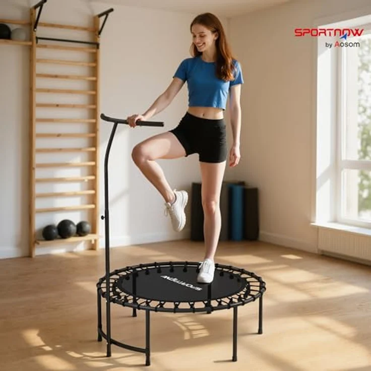 SPORTNOW Fitness Trampolin klappbar Ø102 cm, Mini Trampolin mit höhenverstellbarem Haltegriff 116-132 cm, leise Gummiseilfederung, belastbar bis 100 kg, für Indoor und Outdoor Jumping – Bild 2