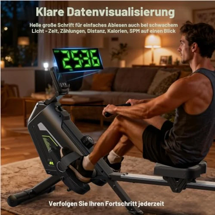 VOWVIT Rudermaschine magnetisch, 16 Widerstandsstufen, leise, App-kompatibel, bis 160 kg, Schwarz/Holzmaserung – Bild 4