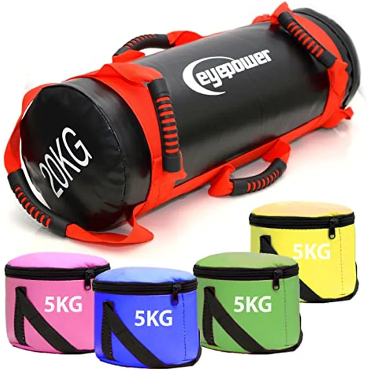 EYEPOWER 20kg Power Bag mit 4 Kettlebell Gewichten, Fitness Sandbag für Zuhause, 6 Griffe, wasserdicht, 20x60cm, Bauch- und Rückentrainer