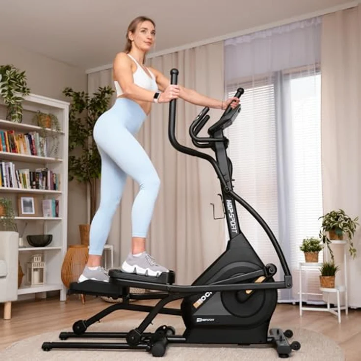 HS HOP-SPORT Crosstrainer HS-140CF Rock - Klappbarer Ellipsentrainer mit 32 Widerstandsstufen & Pulssensoren, App kompatibel, bis 120kg belastbar, in elegantem Design – Bild 3
