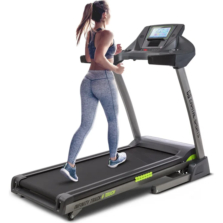 CAPITAL SPORTS Infinity Track 6.0 Touch Laufband, 5,5 PS Treadmill mit TFT-Touch-Screen, integrierten Lautsprechern, 36 Programmen, klappbar und grauer Lauffläche