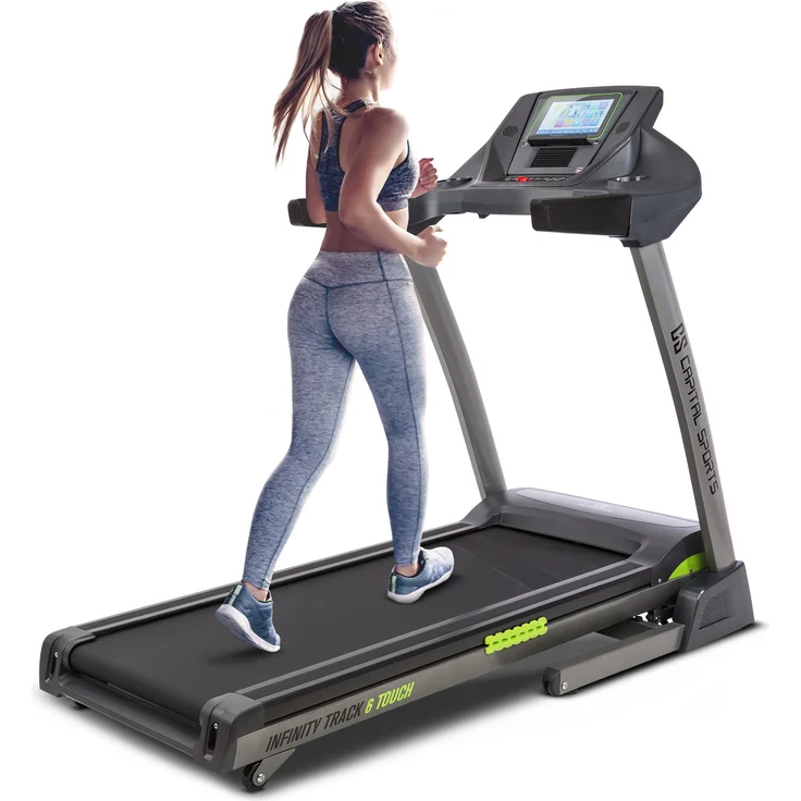 CAPITAL SPORTS Infinity Track 6.0 Touch Laufband, 5,5 PS Treadmill mit TFT-Touch-Screen, integrierten Lautsprechern, 36 Programmen, klappbar und grauer Lauffläche