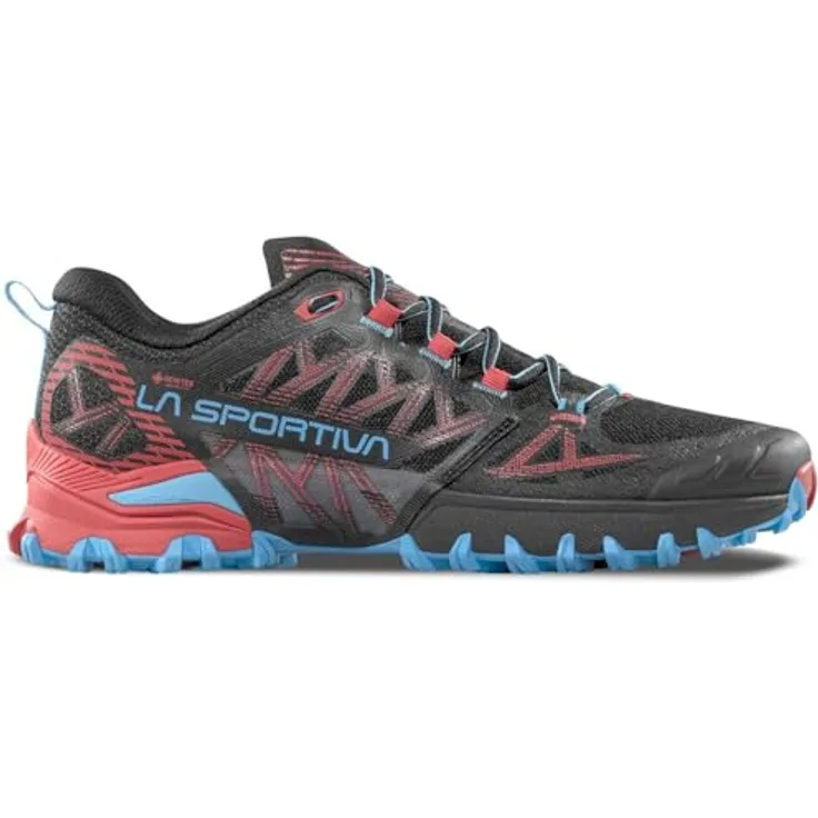 LaSportiva Bushido III Woman GTX, stabiler Laufschuh mit GORE-TEX Membran und FriXion® Red Sohle, Black/Hibiscus, Größe 39
